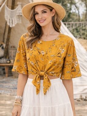 Windsor Mustard Floral Tie-Front Crop Top. Boho. Festival. Feminine